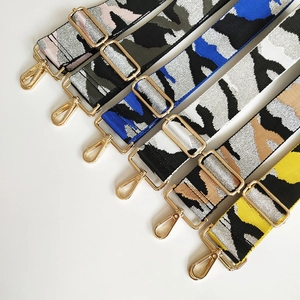 Adjustable wide jacquard camouflage handbag replacement straps with gold metal hooks