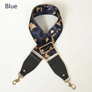 Blue leopard print shoulder strap with lychee leather and golden lobster clasps