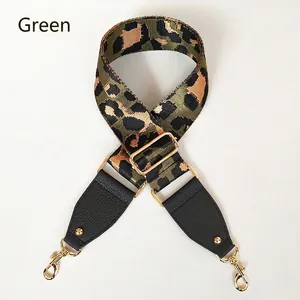 Adjustable leopard print guitar strap for bags with green webbing and gold hardware