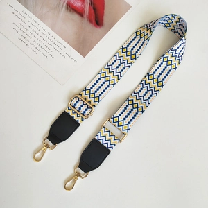 Close-up of ethnic woven bag strap with blue and yellow geometric patterns and gold clips