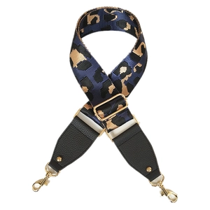 Adjustable leopard print wide strap with black lychee leather ends and gold metal hooks