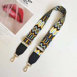 Detail showing the colorful geometric ethnic pattern and golden metal swivel hook on bag strap