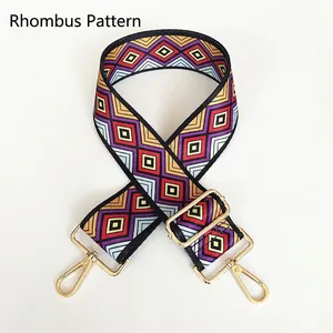 Close-up of durable canvas strap with geometric diamond pattern and gold metal hooks