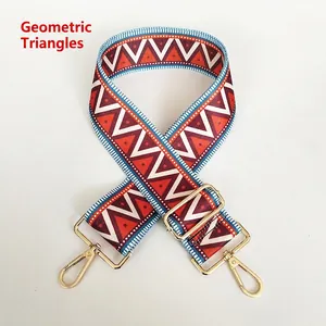 Detail of red and blue triangle pattern canvas bag strap with golden metal hooks