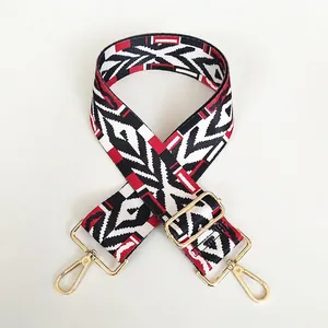 Detail view of ethnic geometric canvas strap with gold metal hooks for handbags
