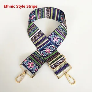 Close-up of geometric striped canvas bag strap with golden metal lobster clasps
