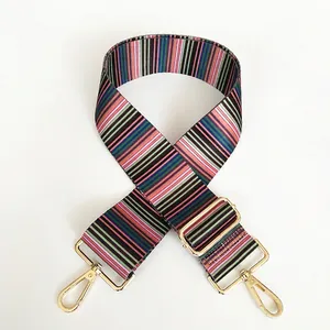 Detail of adjustable striped canvas strap with premium gold metal swivel hooks and buckles