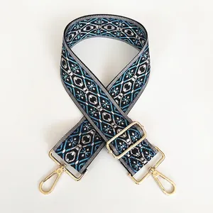 Close-up of blue ethnic geometric pattern canvas strap with gold metal swivel hooks