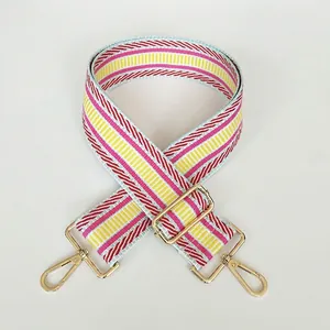Detail eines verstellbaren breiten Gurtbands mit goldenen Karabinern und Schnallen