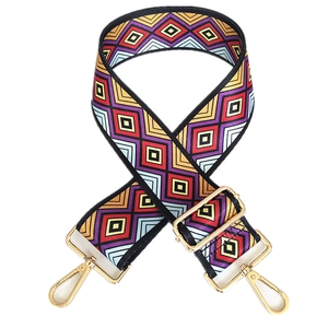 Adjustable colorful geometric canvas shoulder strap with gold metal hooks for handbags