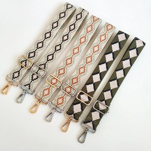 Detail view of adjustable wide purse straps with ethnic geometric and diamond embroidery patterns