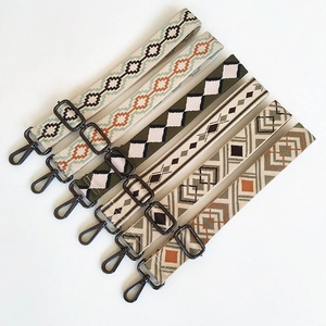 Adjustable wide replacement bag straps with ethnic jacquard embroidery and metal clips