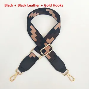 Detail of adjustable wide shoulder strap featuring black and brown geometric patterns