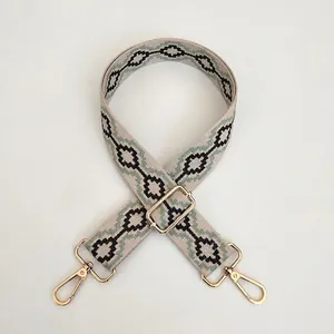 Detail of adjustable geometric embroidered bag strap with gold hooks in model A41 design
