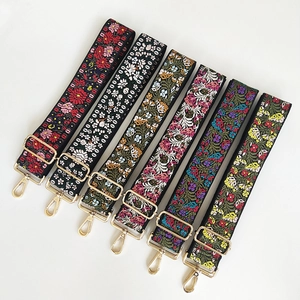 Ethnic Embroidered Wide Bag Strap Adjustable Polyester Replacement Shoulder Belt With Gold Hook Floral For Crossbody Bags