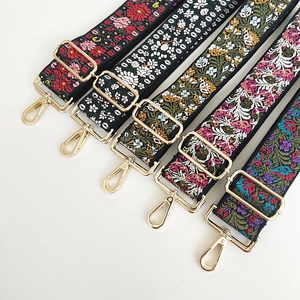Ethnic style floral embroidery wide straps with light gold metal lobster clasps for handbags