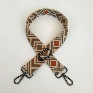 Close-up of adjustable woven bag strap with diamond embroidery and gunmetal buckles