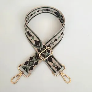 Detail of adjustable geometric diamond weave bag strap with gold metal hooks