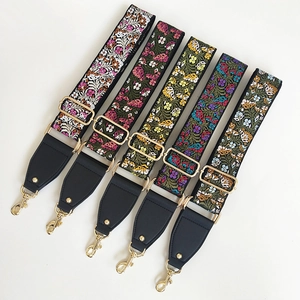 Ethnic style embroidered wide purse straps with floral patterns and gold metal hardware