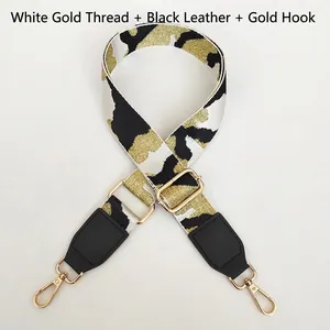 Macro detail of camouflage pattern strap with gold thread weaving and metal hooks