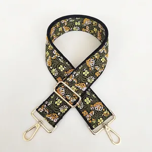 Ethnic floral embroidery wide guitar strap for bags with adjustable gold lobster clasps
