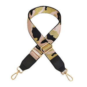 Adjustable wide camouflage shoulder strap with pink, black, and gold metallic embroidery