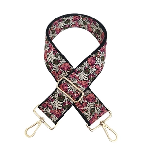 Ethnic style floral embroidery wide bag strap with golden metal lobster clasps