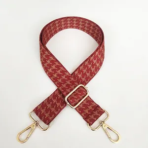 Adjustable houndstooth embroidery wide bag strap with golden metal swivel hooks