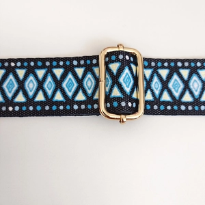 Detail of bohemian geometric woven strap with gold metal adjustable buckle, 5cm width
