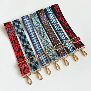 Detail view of seven adjustable patterned shoulder straps with gold metal clasps