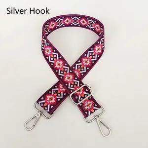 Ethnic geometric pattern purple strap A65 with silver hooks and woven texture