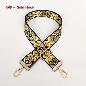 Ethnic style colorful jacquard bag strap with gold metal hooks and geometric patterns