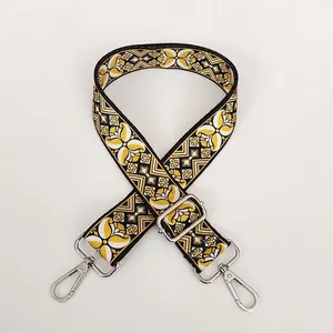 Close-up of ethnic geometric print bag strap with silver metal swivel hooks