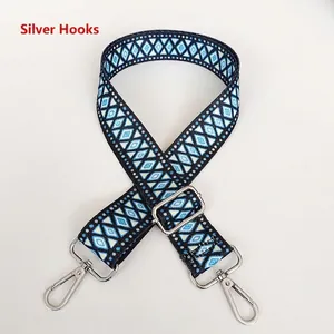 Detail of adjustable blue geometric ethnic woven strap with polished silver metal hooks