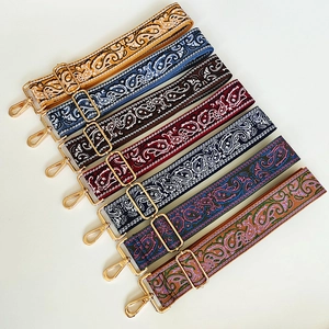 Detail view of colorful bohemian paisley canvas bag straps with gold metal swivel lobster hooks
