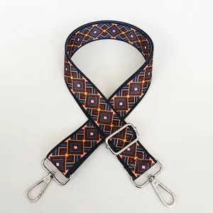 Ethnic style wide adjustable bag strap with geometric patterns and silver metal hooks