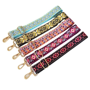 Ethnic style wide adjustable colorful patterned fabric bag straps with gold metal hardware