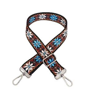 Ethnic style adjustable shoulder strap with blue daisy floral embroidery and silver hooks
