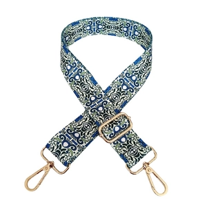 Ethnic blue geometric jacquard guitar style adjustable wide bag strap with gold clasps