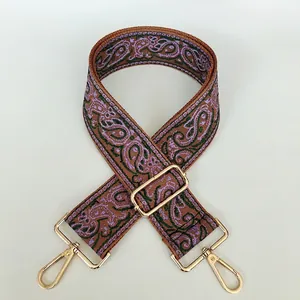 Detail of No.1 adjustable canvas bag strap with paisley pattern and gold lobster clasps