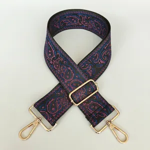 Detailed macro of vintage Paisley canvas strap with golden swivel spring hooks