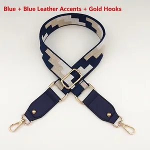 Détail de la bandoulière brodée bleue avec embouts en cuir et mousquetons dorés