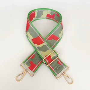 Detailed view of the wide camouflage nylon strap with gold metal lobster clasps