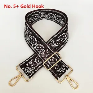 Close-up of 5cm ethnic paisley canvas bag strap with golden metal swivel hooks
