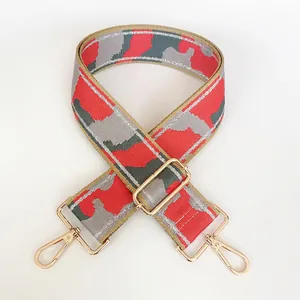 Detail of adjustable camouflage nylon bag strap with premium gold metal swivel hooks
