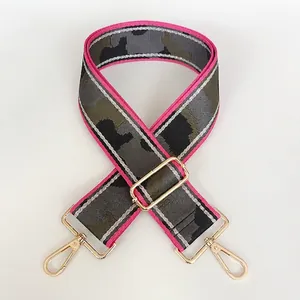 Macro view of adjustable nylon bag strap with camo print and pink edge detailing