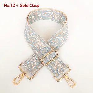 Detail of 5cm canvas paisley bag strap with adjustable gold buckle and metal hooks