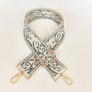 Detail of adjustable 5cm green and white paisley canvas strap with golden metal hooks