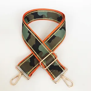 Detail of adjustable camouflage nylon bag strap with orange stitching and gold buckles