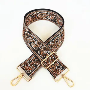Close-up of 5cm paisley canvas strap with gold swivel hooks and adjustable buckle